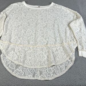 Free People Blouse Womens S Ivory Lace Pullover Peplum Floral Knit Sheer Ruffle